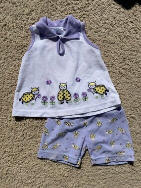 Vintage 90s ICZ Baby Girl 12m Summer Outfit Set Tank Top Shorts Ladybugs Purple